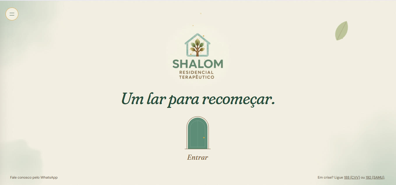 Shalom Residencial Terapêutico — Website for a mental-health therapeutic residence in Brazil: a soft, calming home page with direct WhatsApp access and clearly visible emergency numbers.